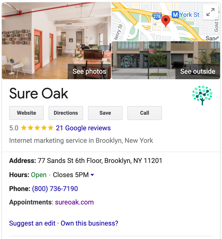Sure Oak Google Business Listing